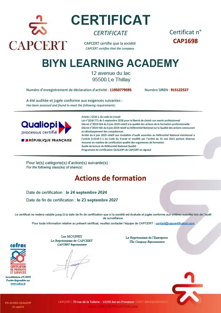 Certificat Qualiopi Biyn Learning Academy : actions de formation, CAPCERT, valide jusqu'au 23 septembre 2027